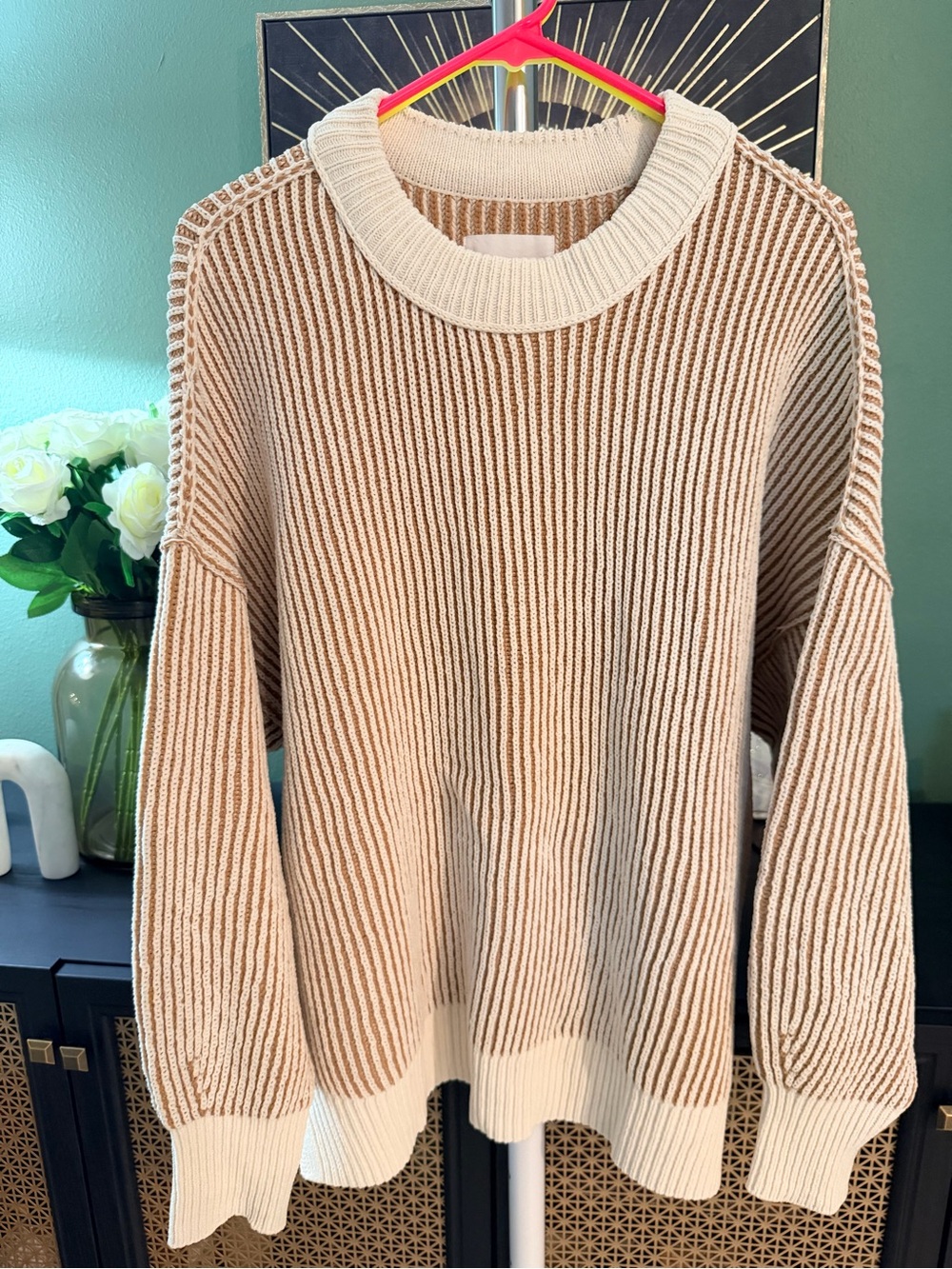 aerie Two-Tone Cream and Tan Ribbed Crewneck Sweater